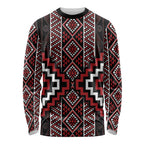 Red Tukutuku Pattern Aotearoa Long Sleeve Shirt Niho Taniwha and Puhoro Motifs