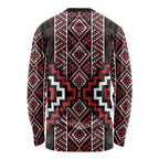 Red Tukutuku Pattern Aotearoa Long Sleeve Shirt Niho Taniwha and Puhoro Motifs
