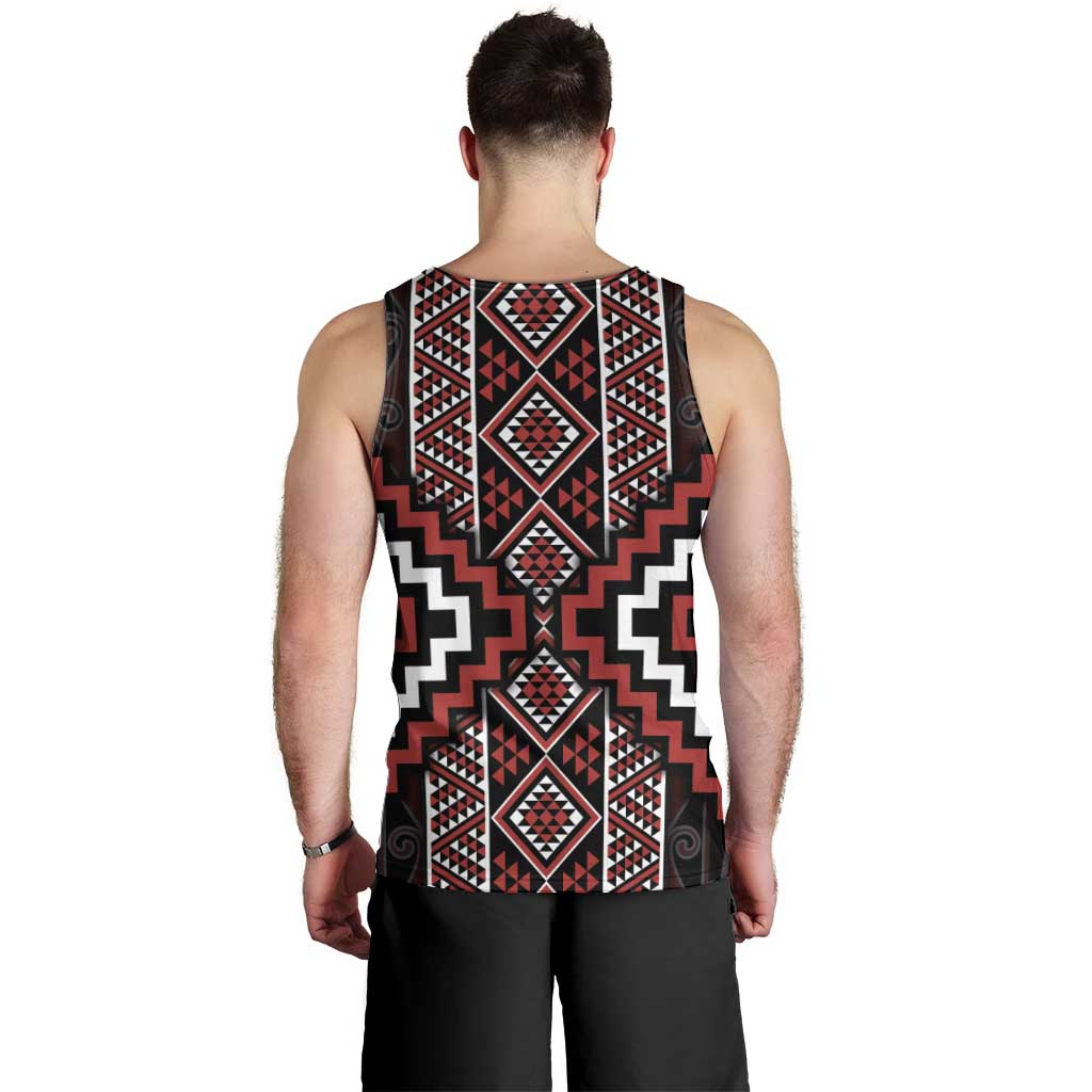 Red Tukutuku Pattern Aotearoa Men Tank Top Niho Taniwha and Puhoro Motifs