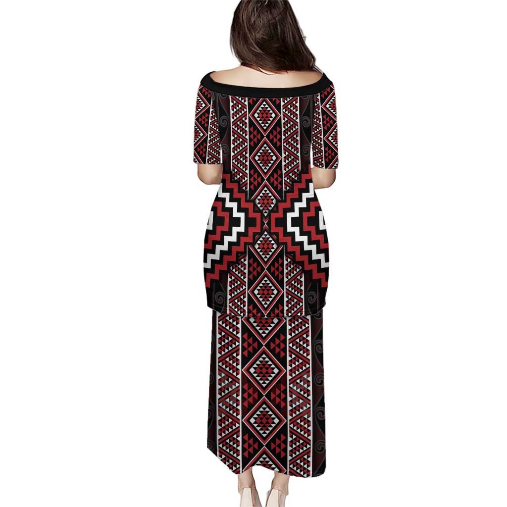 Red Tukutuku Pattern Aotearoa Puletasi Niho Taniwha and Puhoro Motifs