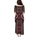 Red Tukutuku Pattern Aotearoa Puletasi Niho Taniwha and Puhoro Motifs