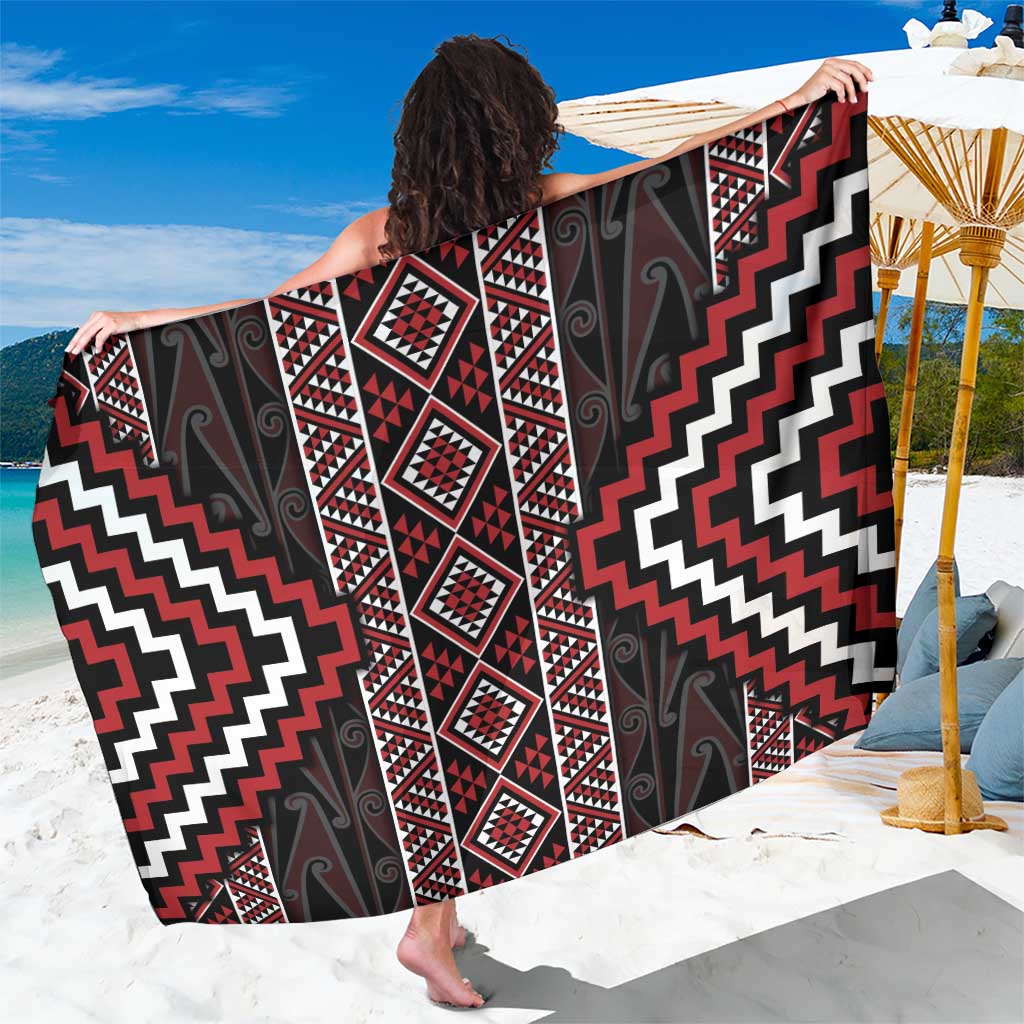 Red Tukutuku Pattern Aotearoa Sarong Niho Taniwha and Puhoro Motifs