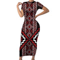 Red Tukutuku Pattern Aotearoa Short Sleeve Bodycon Dress Niho Taniwha and Puhoro Motifs