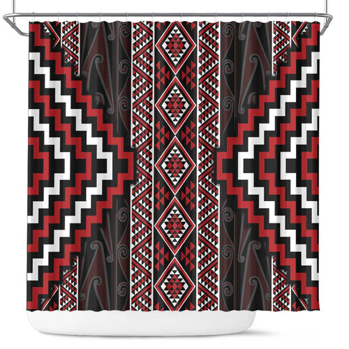 Red Tukutuku Pattern Aotearoa Shower Curtain Niho Taniwha and Puhoro Motifs