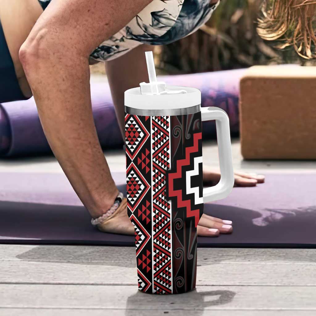 Red Tukutuku Pattern Aotearoa Tumbler With Handle Niho Taniwha and Puhoro Motifs