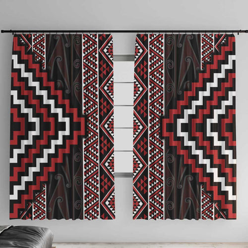 Red Tukutuku Pattern Aotearoa Window Curtain Niho Taniwha and Puhoro Motifs