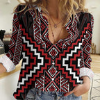 Red Tukutuku Pattern Aotearoa Women Casual Shirt Niho Taniwha and Puhoro Motifs