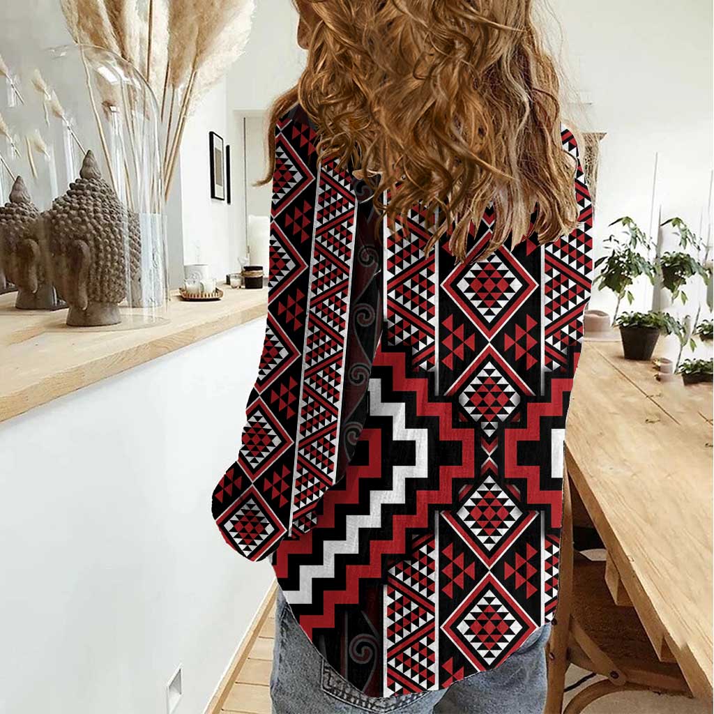 Red Tukutuku Pattern Aotearoa Women Casual Shirt Niho Taniwha and Puhoro Motifs