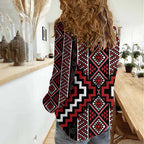 Red Tukutuku Pattern Aotearoa Women Casual Shirt Niho Taniwha and Puhoro Motifs