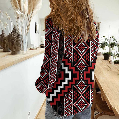 Red Tukutuku Pattern Aotearoa Women Casual Shirt Niho Taniwha and Puhoro Motifs