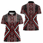 Red Tukutuku Pattern Aotearoa Women Polo Shirt Niho Taniwha and Puhoro Motifs
