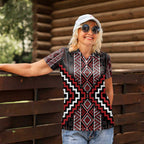Red Tukutuku Pattern Aotearoa Women Polo Shirt Niho Taniwha and Puhoro Motifs