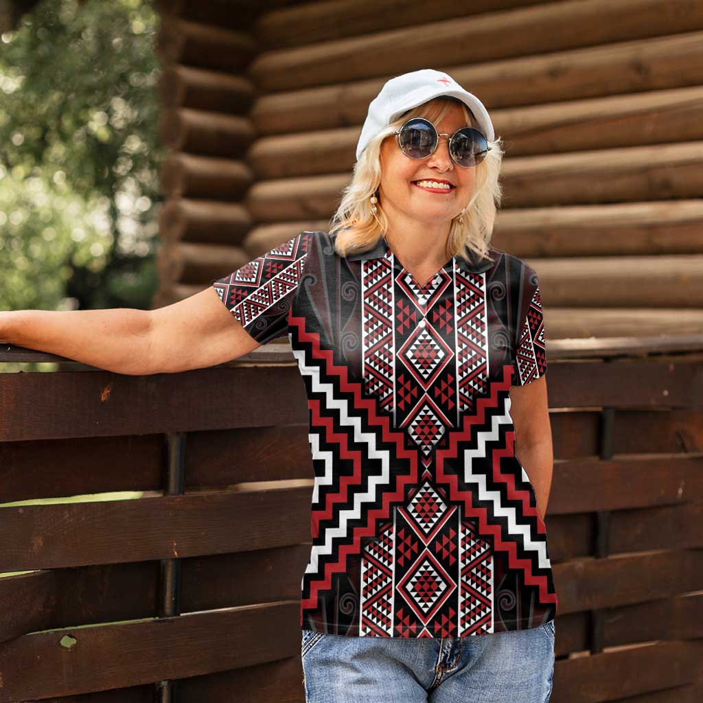 Red Tukutuku Pattern Aotearoa Women Polo Shirt Niho Taniwha and Puhoro Motifs