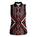 Red Tukutuku Pattern Aotearoa Women Sleeveless Polo Shirt Niho Taniwha and Puhoro Motifs