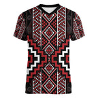 Red Tukutuku Pattern Aotearoa Women V-Neck T-Shirt Niho Taniwha and Puhoro Motifs