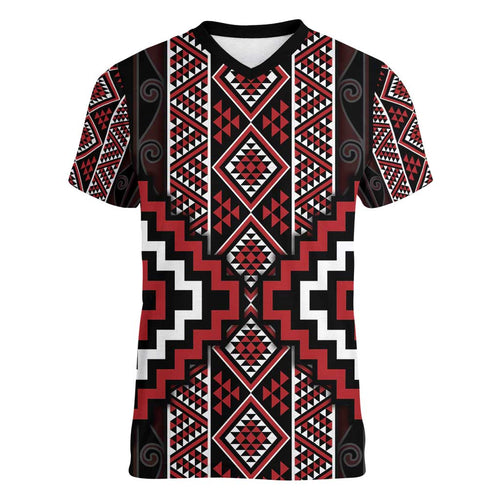 Red Tukutuku Pattern Aotearoa Women V-Neck T-Shirt Niho Taniwha and Puhoro Motifs