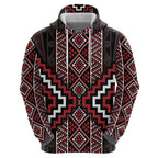 Red Tukutuku Pattern Aotearoa Zip Hoodie Niho Taniwha and Puhoro Motifs