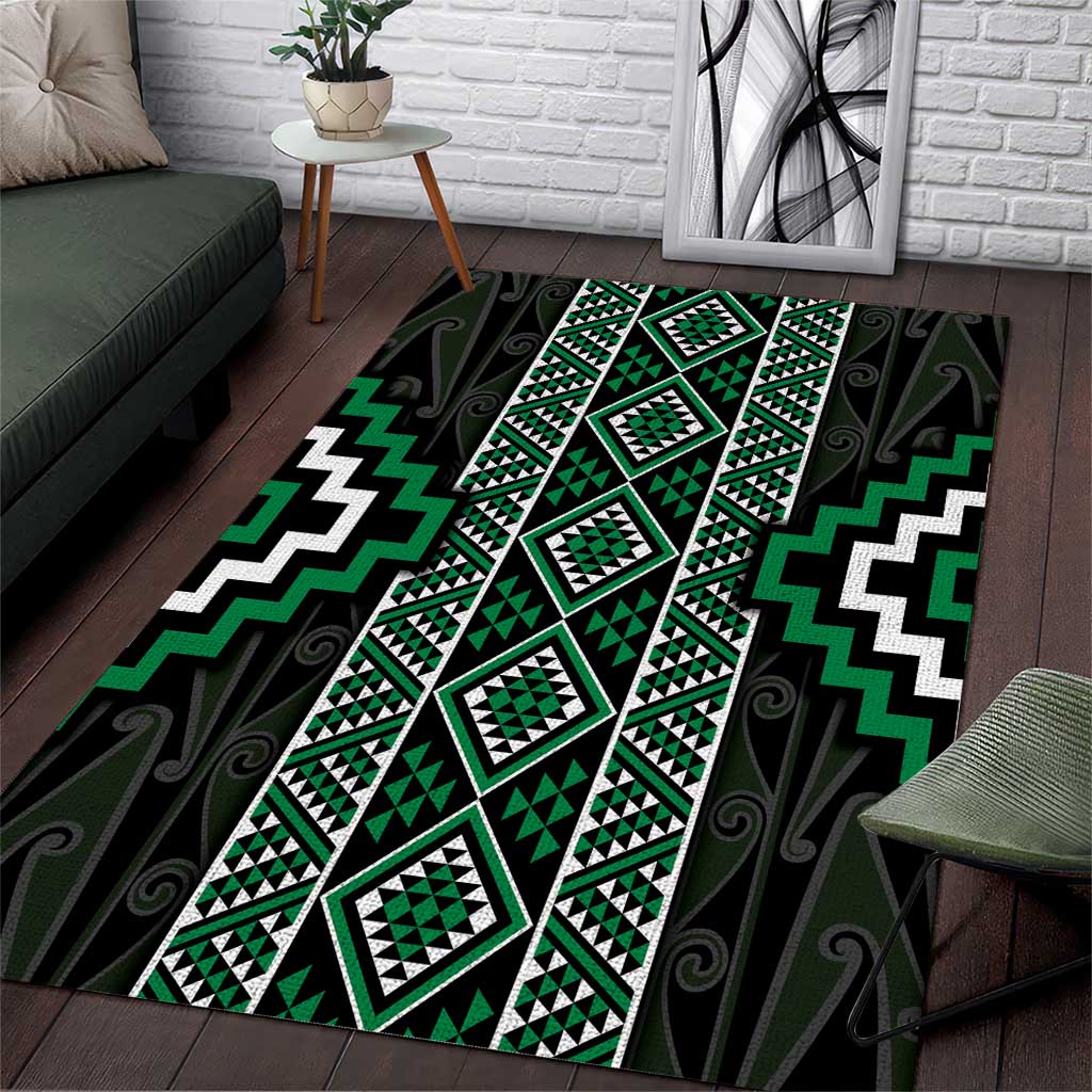 Jade Tukutuku Pattern Aotearoa Area Rug Niho Taniwha and Puhoro Motifs