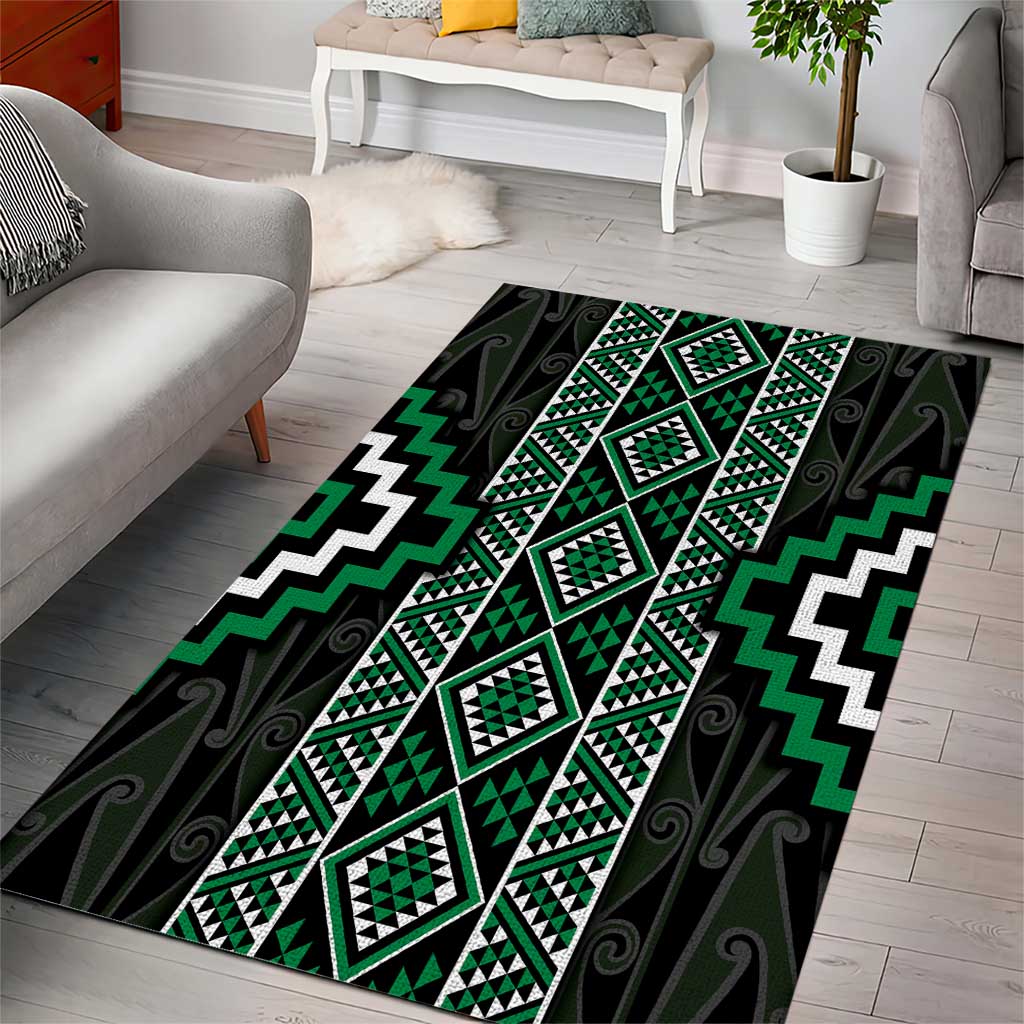 Jade Tukutuku Pattern Aotearoa Area Rug Niho Taniwha and Puhoro Motifs