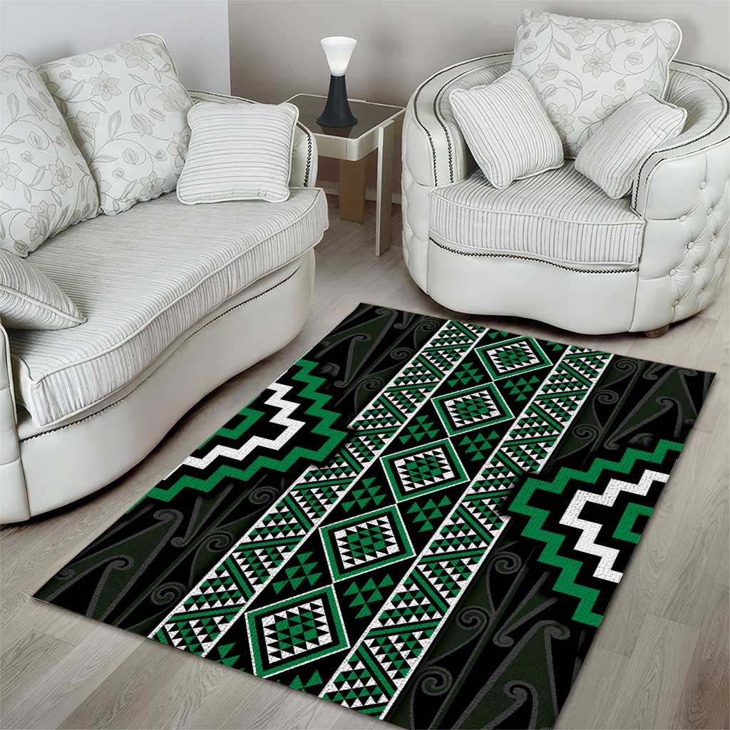 Jade Tukutuku Pattern Aotearoa Area Rug Niho Taniwha and Puhoro Motifs