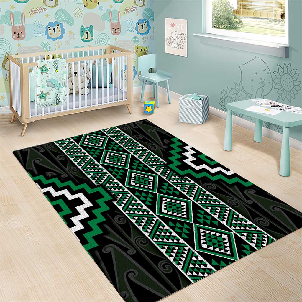 Jade Tukutuku Pattern Aotearoa Area Rug Niho Taniwha and Puhoro Motifs