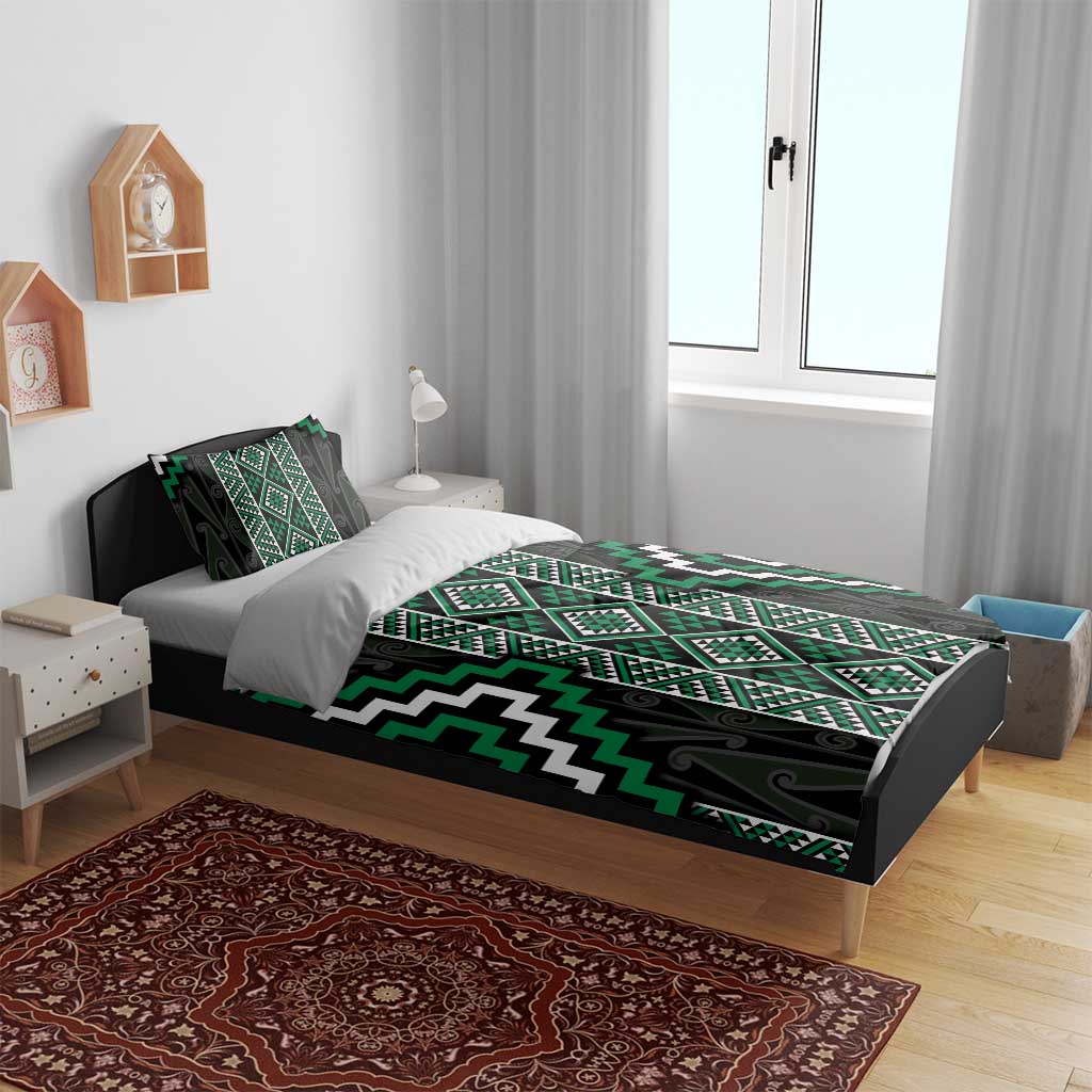 Jade Tukutuku Pattern Aotearoa Bedding Set Niho Taniwha and Puhoro Motifs