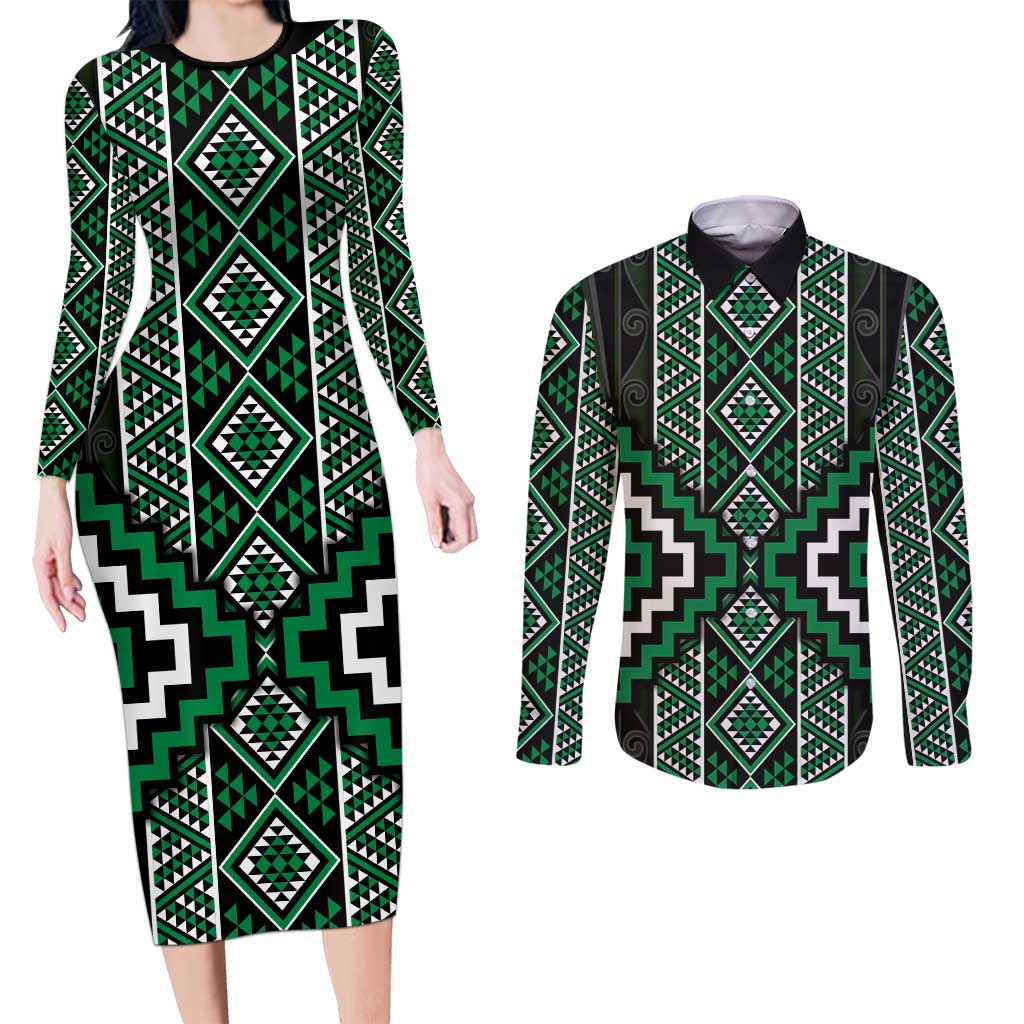 Jade Tukutuku Pattern Aotearoa Couples Matching Long Sleeve Bodycon Dress and Long Sleeve Button Shirt Niho Taniwha and Puhoro Motifs