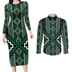 Jade Tukutuku Pattern Aotearoa Couples Matching Long Sleeve Bodycon Dress and Long Sleeve Button Shirt Niho Taniwha and Puhoro Motifs