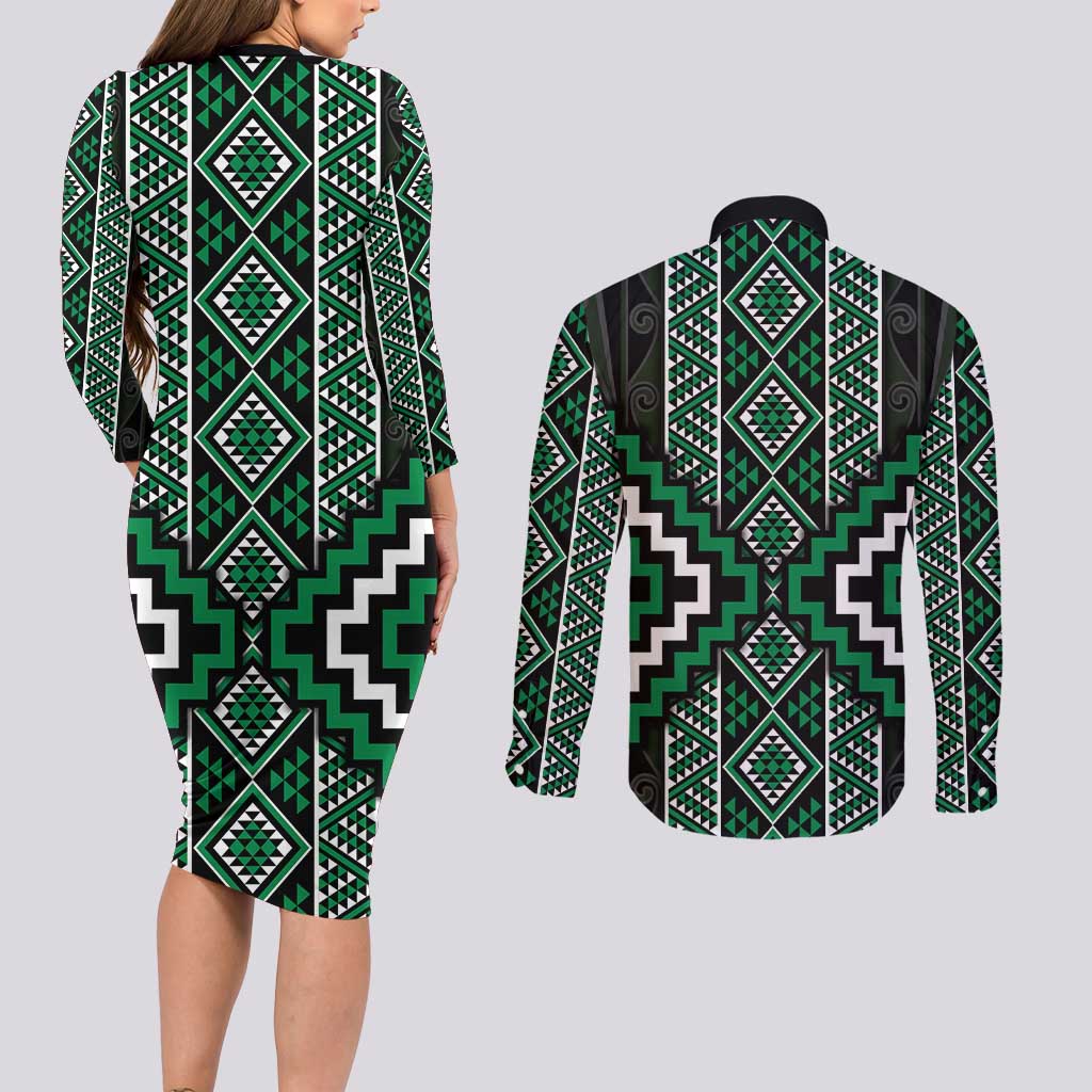 Jade Tukutuku Pattern Aotearoa Couples Matching Long Sleeve Bodycon Dress and Long Sleeve Button Shirt Niho Taniwha and Puhoro Motifs