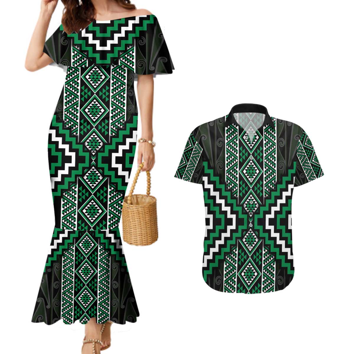 Jade Tukutuku Pattern Aotearoa Couples Matching Mermaid Dress and Hawaiian Shirt Niho Taniwha and Puhoro Motifs