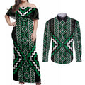 Jade Tukutuku Pattern Aotearoa Couples Matching Off Shoulder Maxi Dress and Long Sleeve Button Shirt Niho Taniwha and Puhoro Motifs