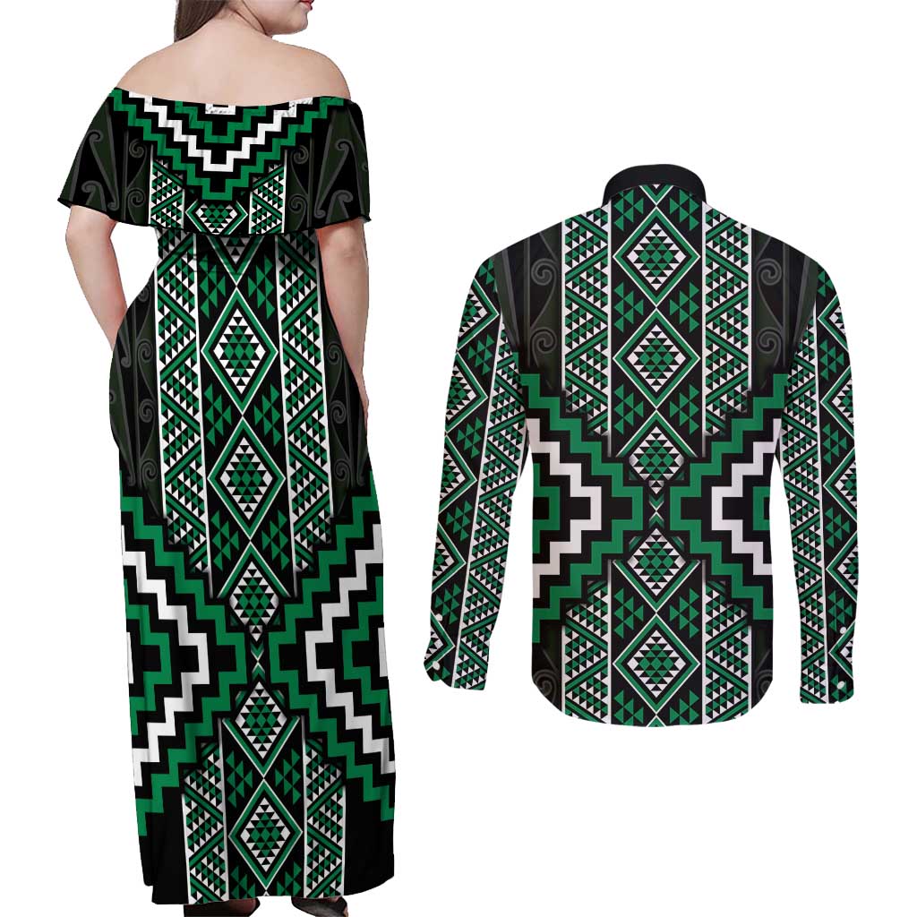 Jade Tukutuku Pattern Aotearoa Couples Matching Off Shoulder Maxi Dress and Long Sleeve Button Shirt Niho Taniwha and Puhoro Motifs