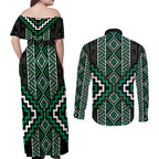 Jade Tukutuku Pattern Aotearoa Couples Matching Off Shoulder Maxi Dress and Long Sleeve Button Shirt Niho Taniwha and Puhoro Motifs