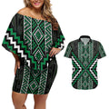 Jade Tukutuku Pattern Aotearoa Couples Matching Off Shoulder Short Dress and Hawaiian Shirt Niho Taniwha and Puhoro Motifs