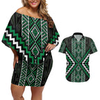 Jade Tukutuku Pattern Aotearoa Couples Matching Off Shoulder Short Dress and Hawaiian Shirt Niho Taniwha and Puhoro Motifs