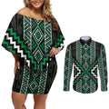 Jade Tukutuku Pattern Aotearoa Couples Matching Off Shoulder Short Dress and Long Sleeve Button Shirt Niho Taniwha and Puhoro Motifs