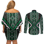 Jade Tukutuku Pattern Aotearoa Couples Matching Off Shoulder Short Dress and Long Sleeve Button Shirt Niho Taniwha and Puhoro Motifs
