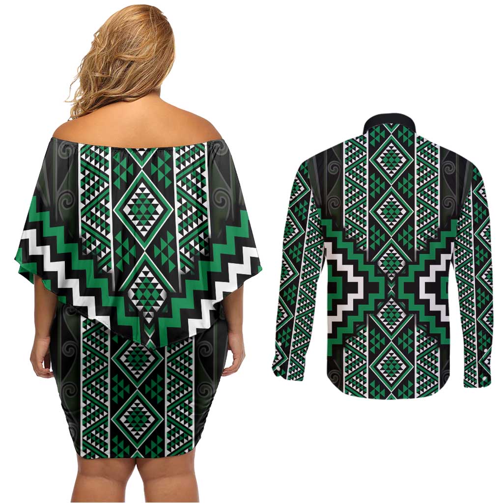 Jade Tukutuku Pattern Aotearoa Couples Matching Off Shoulder Short Dress and Long Sleeve Button Shirt Niho Taniwha and Puhoro Motifs