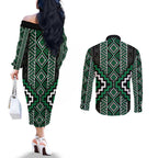Jade Tukutuku Pattern Aotearoa Couples Matching Off The Shoulder Long Sleeve Dress and Long Sleeve Button Shirt Niho Taniwha and Puhoro Motifs
