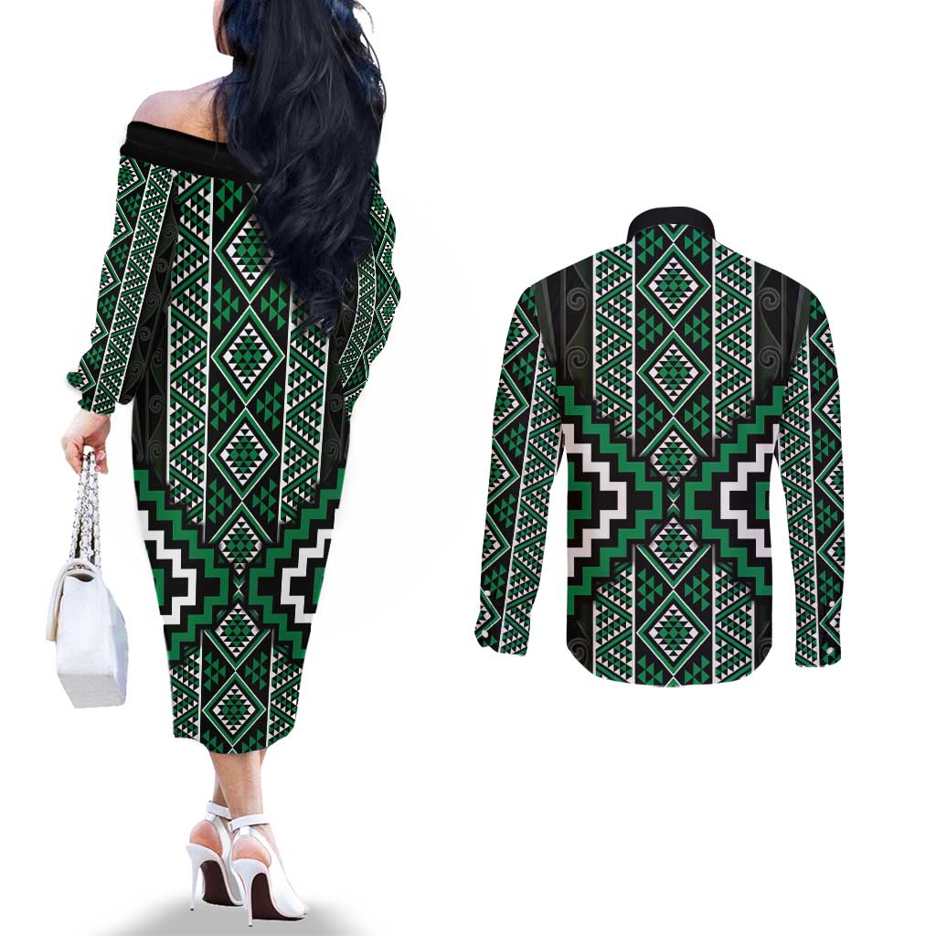 Jade Tukutuku Pattern Aotearoa Couples Matching Off The Shoulder Long Sleeve Dress and Long Sleeve Button Shirt Niho Taniwha and Puhoro Motifs