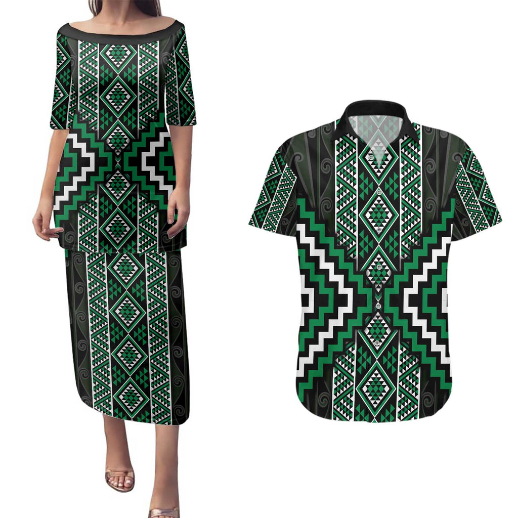 Jade Tukutuku Pattern Aotearoa Couples Matching Puletasi and Hawaiian Shirt Niho Taniwha and Puhoro Motifs