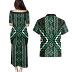 Jade Tukutuku Pattern Aotearoa Couples Matching Puletasi and Hawaiian Shirt Niho Taniwha and Puhoro Motifs
