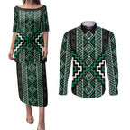 Jade Tukutuku Pattern Aotearoa Couples Matching Puletasi and Long Sleeve Button Shirt Niho Taniwha and Puhoro Motifs