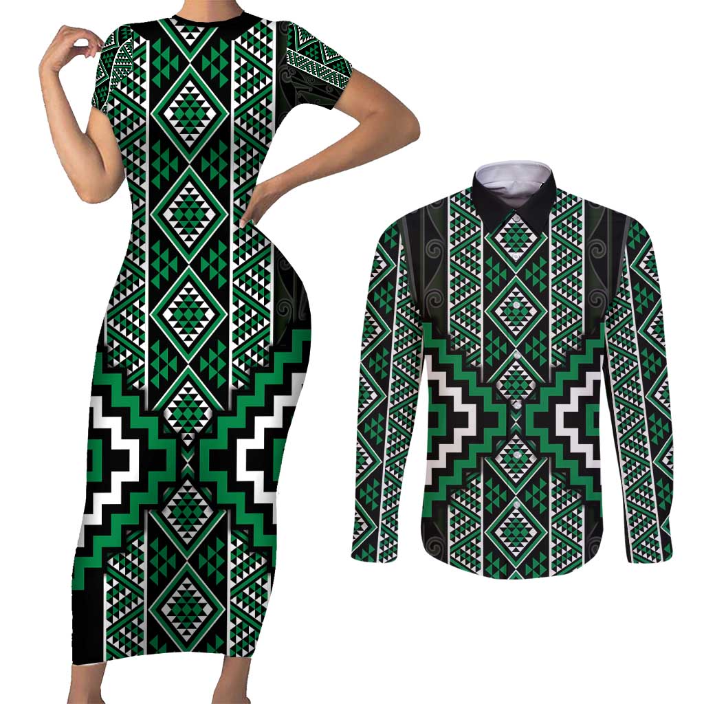 Jade Tukutuku Pattern Aotearoa Couples Matching Short Sleeve Bodycon Dress and Long Sleeve Button Shirt Niho Taniwha and Puhoro Motifs