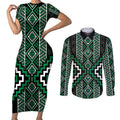 Jade Tukutuku Pattern Aotearoa Couples Matching Short Sleeve Bodycon Dress and Long Sleeve Button Shirt Niho Taniwha and Puhoro Motifs