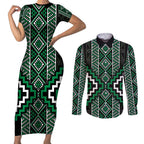 Jade Tukutuku Pattern Aotearoa Couples Matching Short Sleeve Bodycon Dress and Long Sleeve Button Shirt Niho Taniwha and Puhoro Motifs