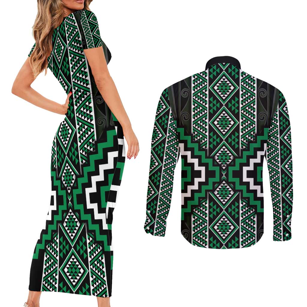 Jade Tukutuku Pattern Aotearoa Couples Matching Short Sleeve Bodycon Dress and Long Sleeve Button Shirt Niho Taniwha and Puhoro Motifs