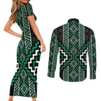 Jade Tukutuku Pattern Aotearoa Couples Matching Short Sleeve Bodycon Dress and Long Sleeve Button Shirt Niho Taniwha and Puhoro Motifs