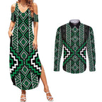 Jade Tukutuku Pattern Aotearoa Couples Matching Summer Maxi Dress and Long Sleeve Button Shirt Niho Taniwha and Puhoro Motifs