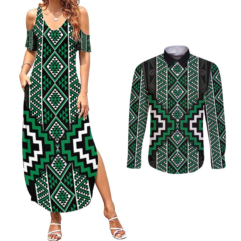 Jade Tukutuku Pattern Aotearoa Couples Matching Summer Maxi Dress and Long Sleeve Button Shirt Niho Taniwha and Puhoro Motifs